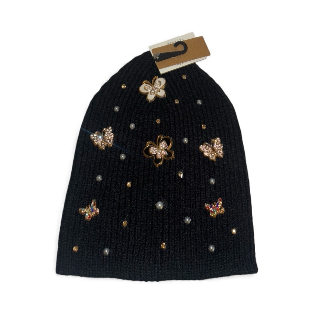 Embellished butterfly Black Beanie with Gold Butterfly Accents
